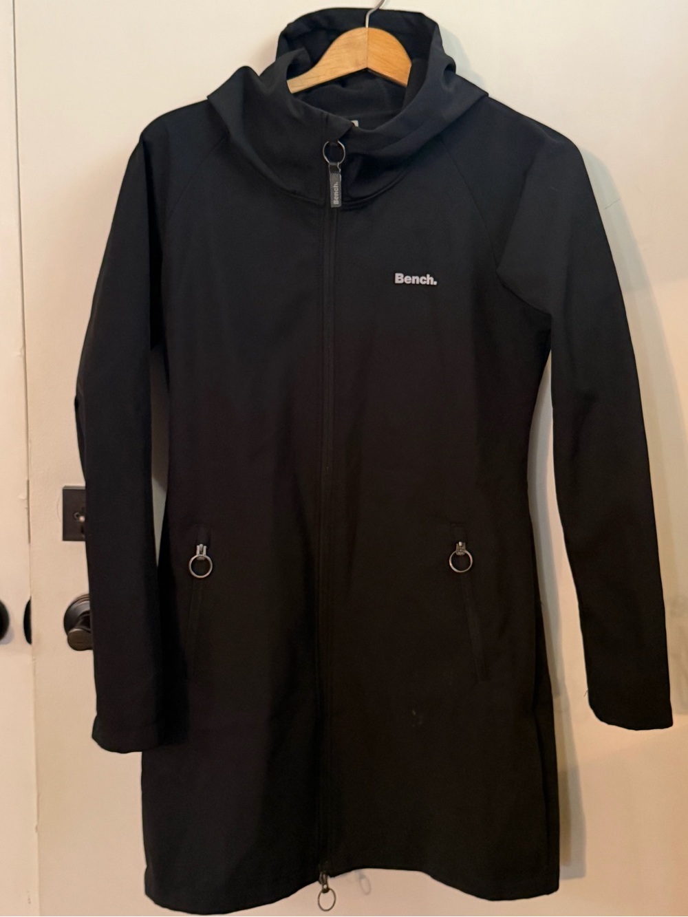 Bench Soft Shell 3/4 Length Waterproof Black Rain Coat with Hood